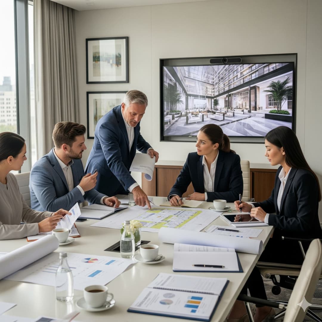 Елегантен, усмихнат бизнес екип в модерен хотелски лоби, с таблет в ръка, символизиращ ефективност и контрол.